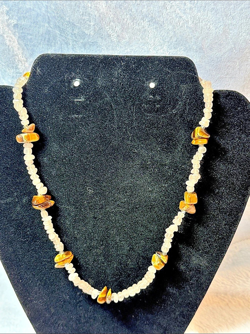 Beaded Stone Necklace in Brown Tigers eye & Pink rose crystals